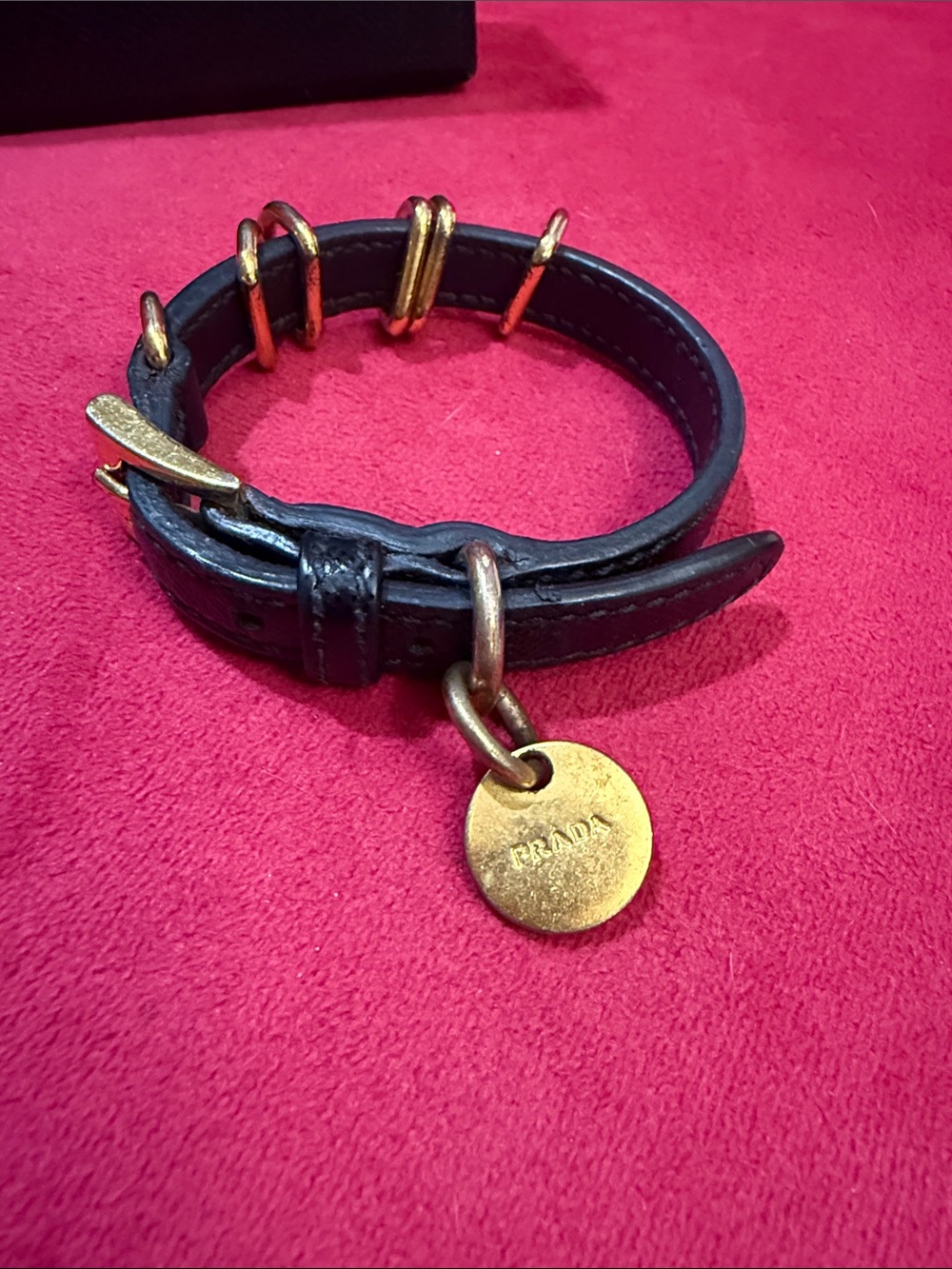 Prada Black Saffiano Leather Bracelet with Gold Disc Charm - Picture 2 of 10